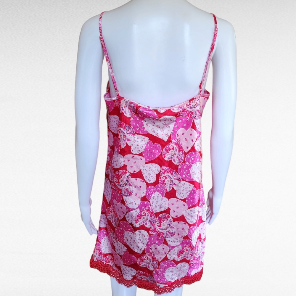 Jaclyn Smith Pink Red Heart Pattern Lace Trim Chemise Size Medium - Picture 5 of 7